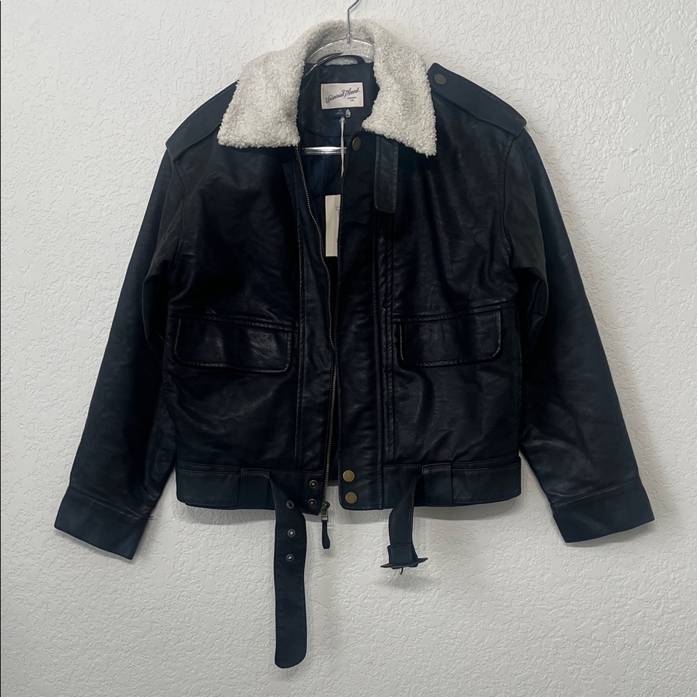 Universal Thread Black Leather Jacket with Cream Shearling Collar - Picture 1 of 5
